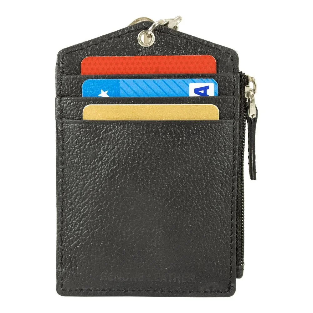 ID lanyard Card Holder in Genuine Leather, Black